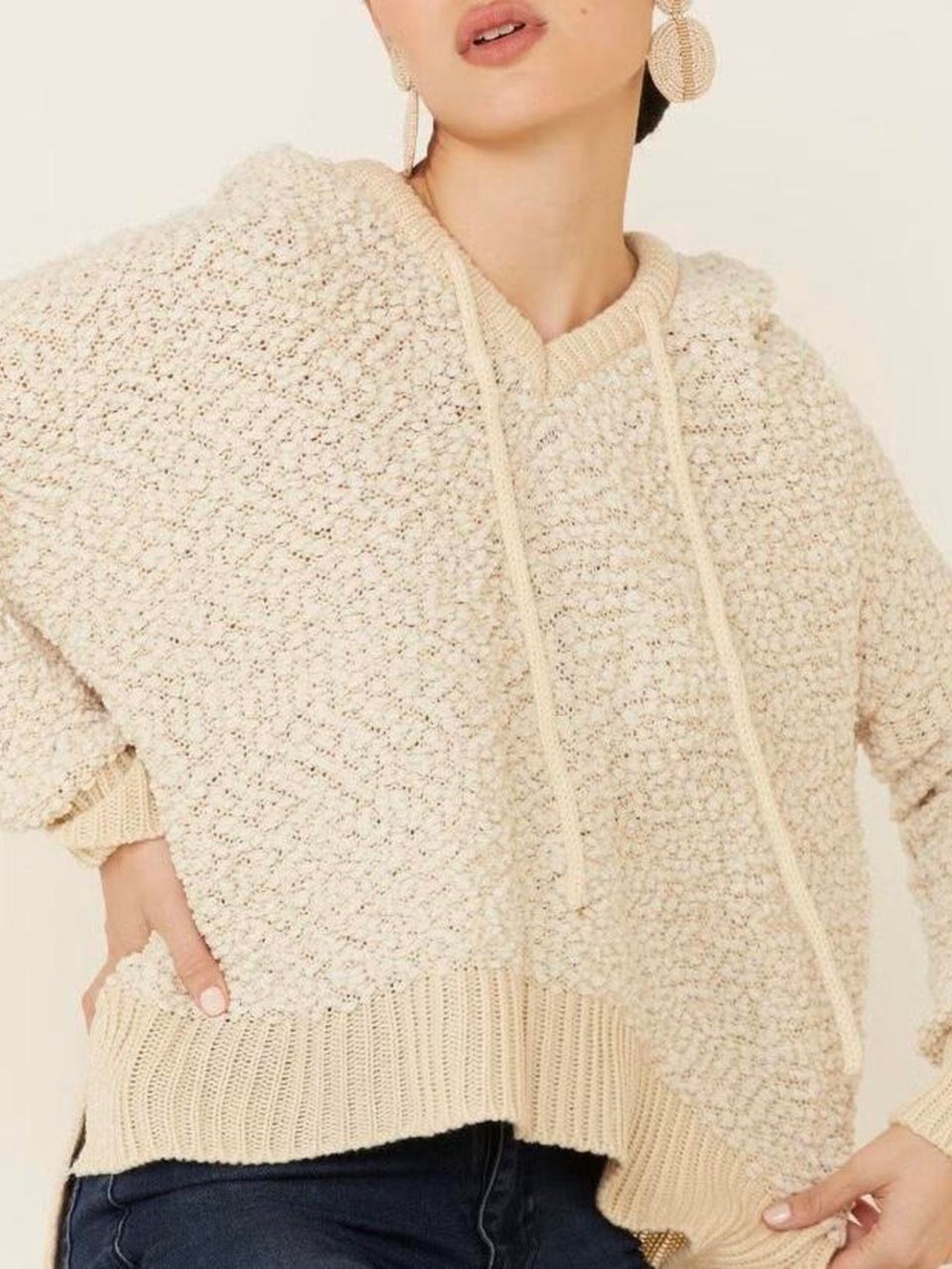 POL Cream Popcorn-Knit Hooded Sweater Oversized Medium Missing string - Picture 2 of 9